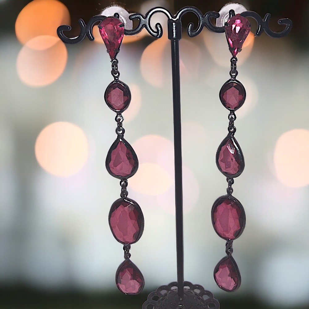 Vintage Amethyst Colored Glass Gun Metal Gray Metal Drop 4" Earrings!